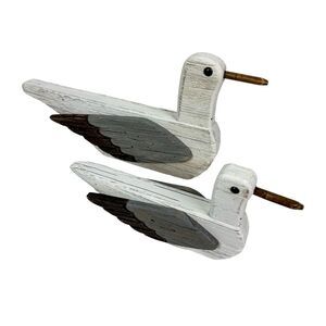 Wooden Seagull Statues Set of 2 Coastal White Bird Shelf Decor 7.5 In
